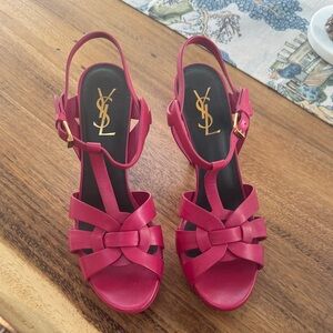 Yves Saint Laurent Fuchsia Leather Knot Slingback Heels with Gold Logo 38.5
